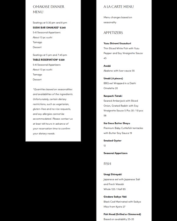 The top of the menu at Tetsu Sushi Bar