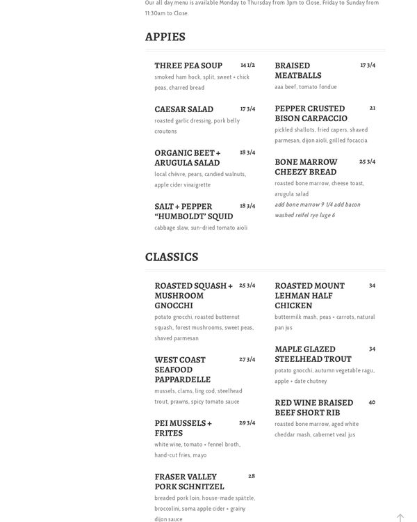 The top of the menu at The Flying Pig Yaletown