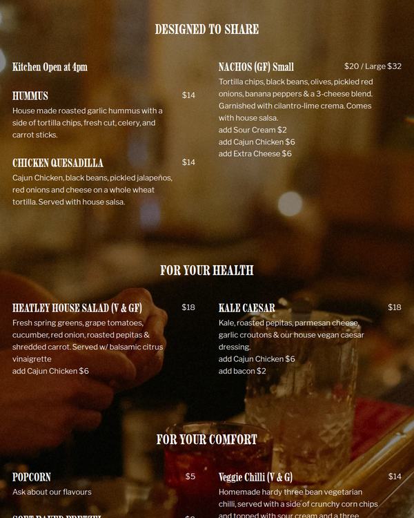 The top of the menu at The Heatley