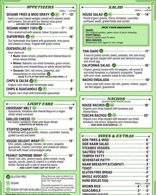 The first page of the menu at The Naam