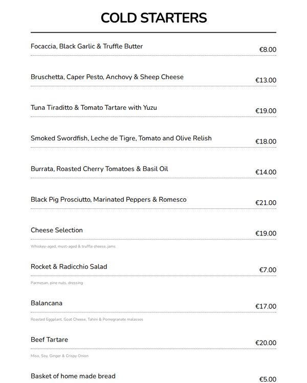 The top of the menu at Mazzgoon