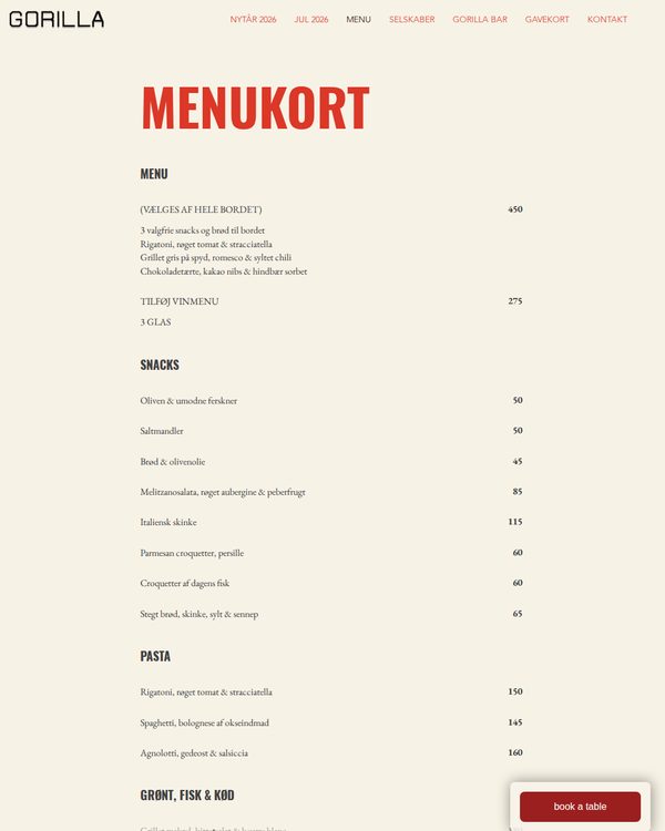 The top of the menu at Restaurant Gorilla