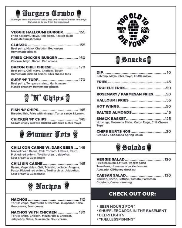 The first page of the menu at Too Old To Die Young