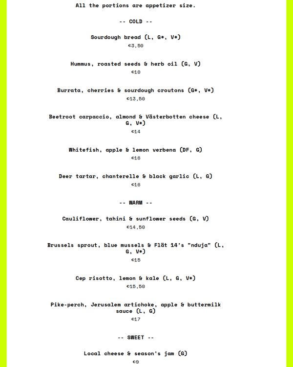 The top of the menu at Restaurant Flät No 14