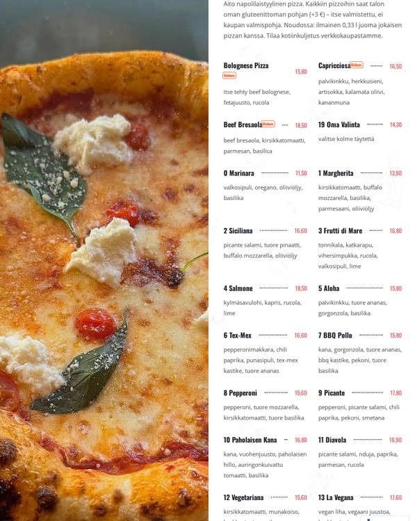The top of the menu at Pronto Pizzeria