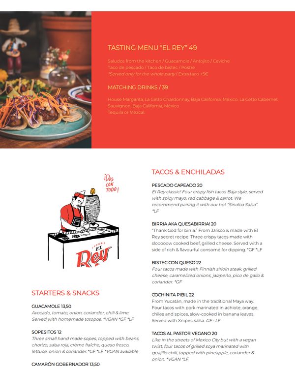 The top of the menu at Taquería El Rey