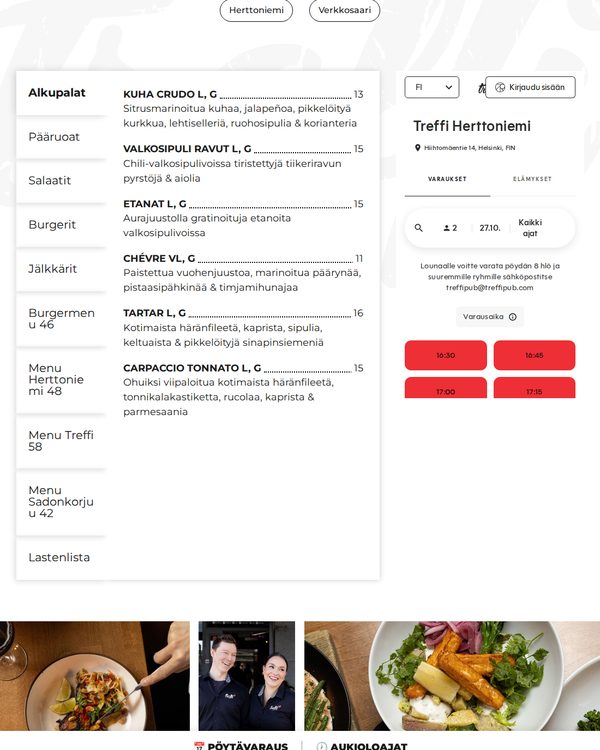 The top of the menu at Treffi Pub & Bistro