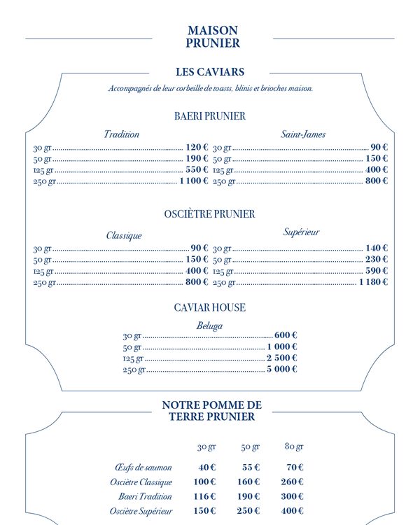 The first page of the menu at Café Prunier