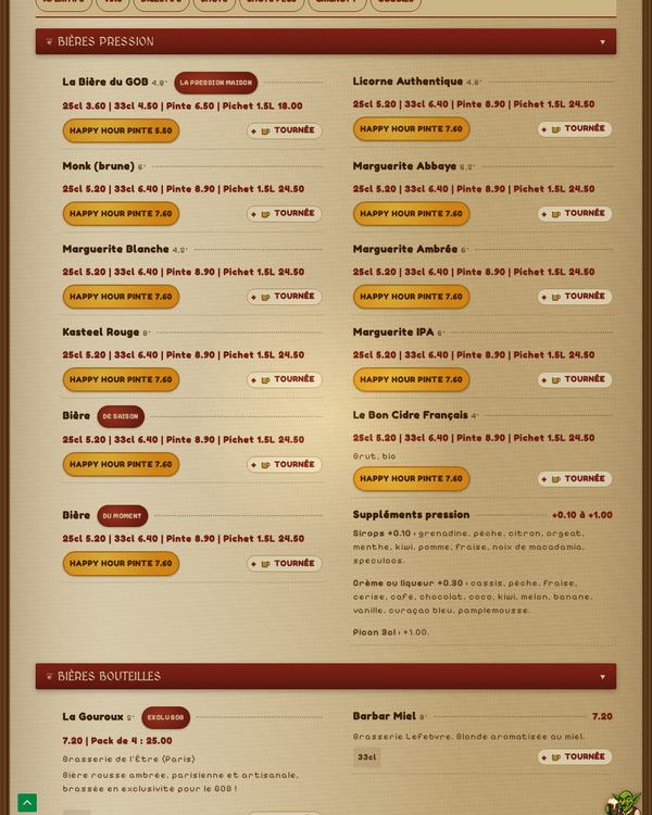 The top of the menu at Le Gob
