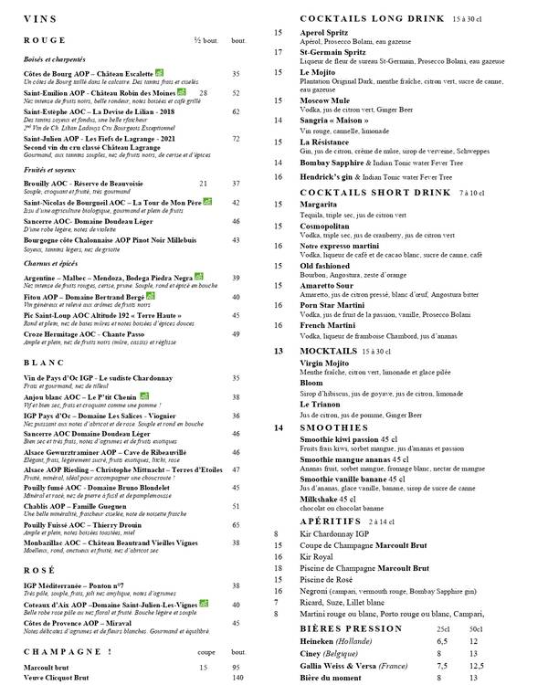 The first page of the menu at Le Zimmer