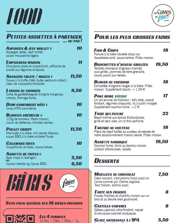 The first page of the menu at Les Cuves de Fauve