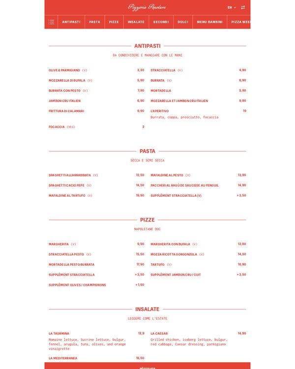 The top of the menu at Pizzeria Popolare