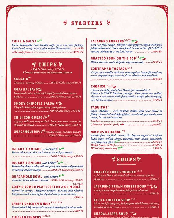 The first page of the menu at Iguana Bar & Grill