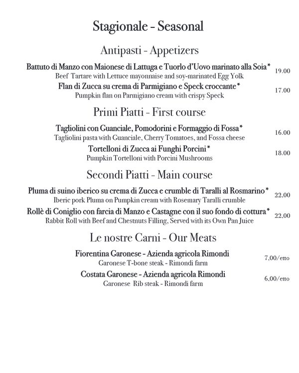 The first page of the menu at San Silvestro in Cantina