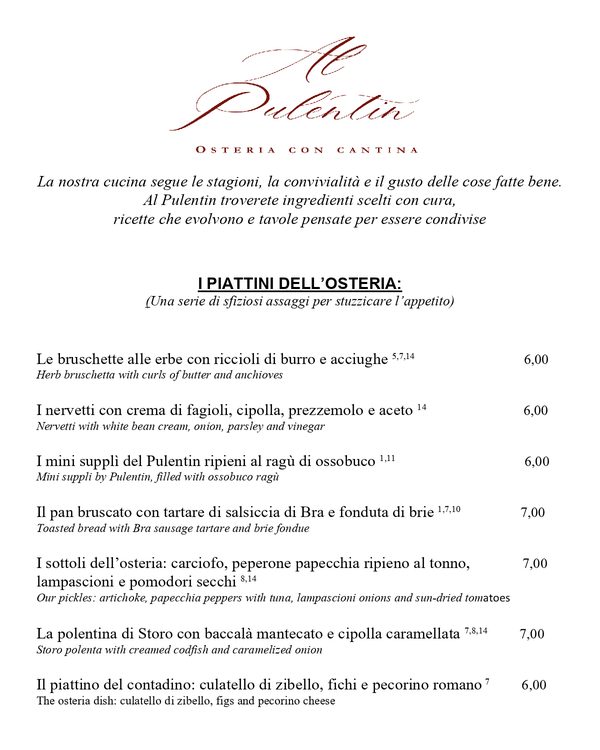 The first page of the menu at Al Pulentin