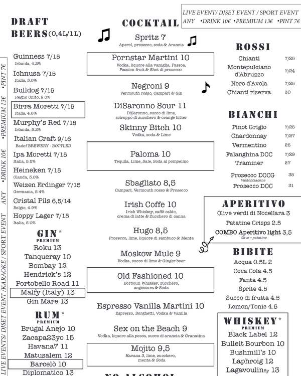 The first page of the menu at Blues Canal