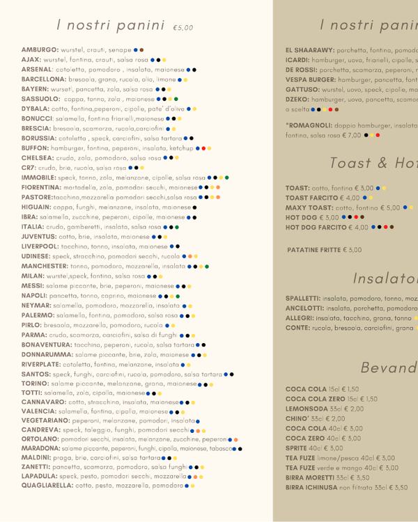 The first page of the menu at Chiosco Squadre Calcio
