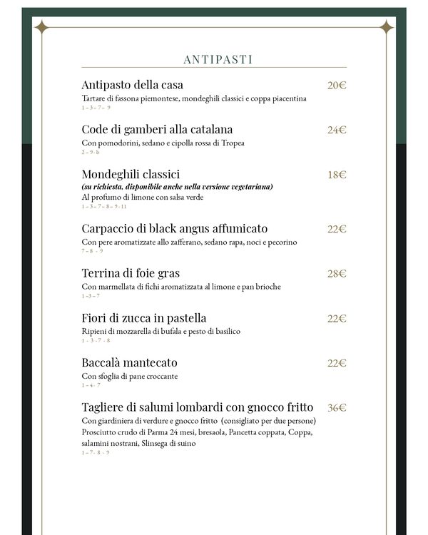 The first page of the menu at Osteria del Binari