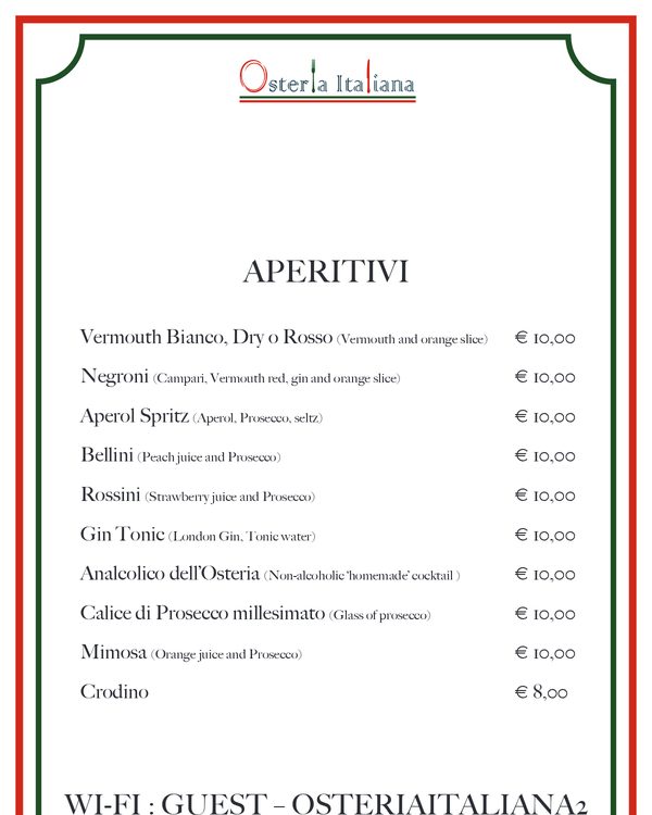 The first page of the menu at Osteria Italiana