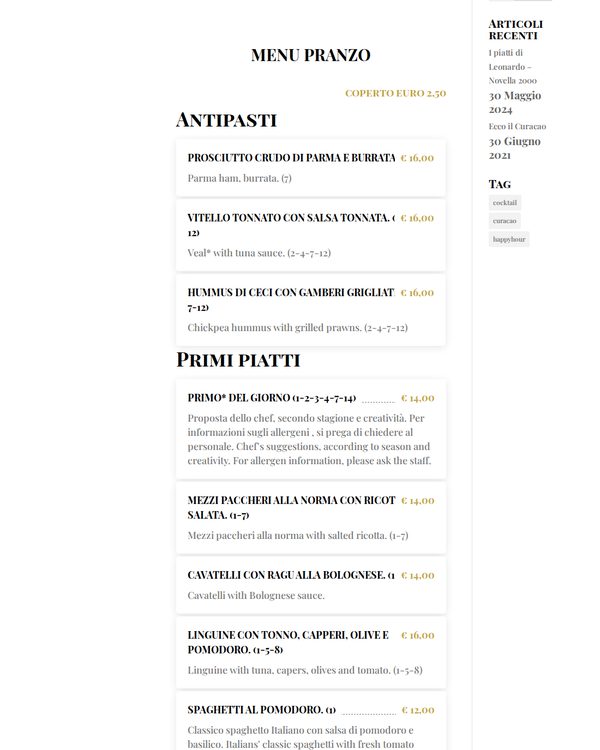 The top of the menu at Piccolo Cafe