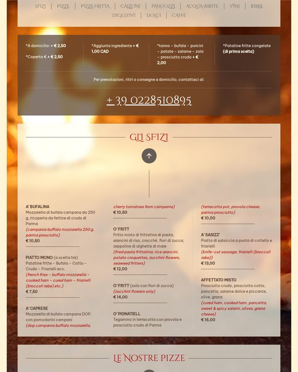 The top of the menu at Pizzeria A' Tarantella