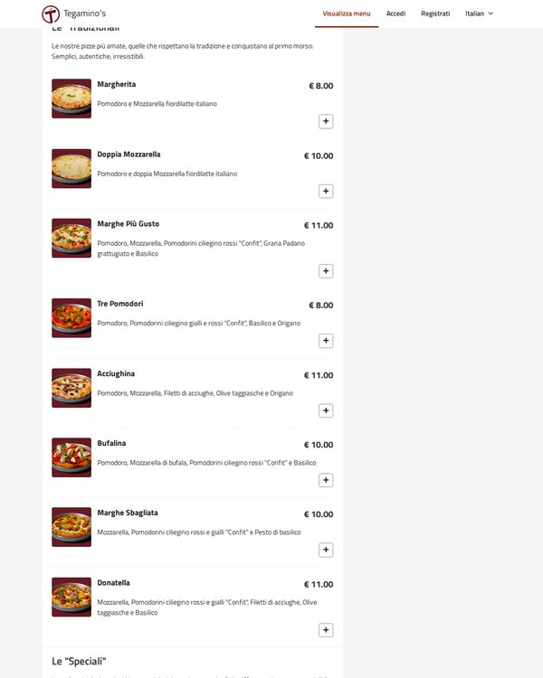 The top of the menu at Tegamino's