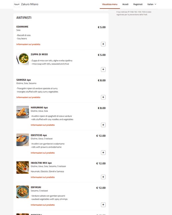 The top of the menu at Zakuro