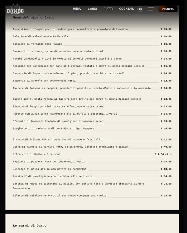 The top of the menu at Dambo Beef And Grill