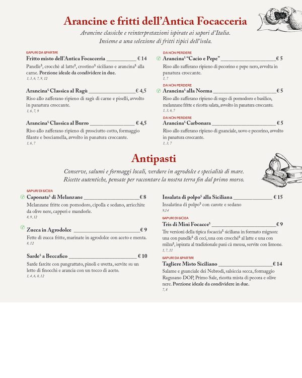 The first page of the menu at Antica Focacceria San Francesco
