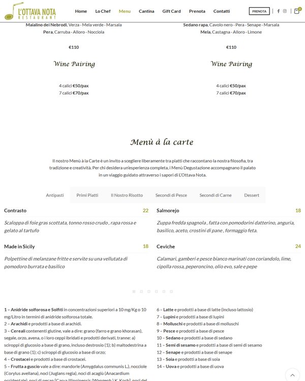 The top of the menu at L'Ottava Nota