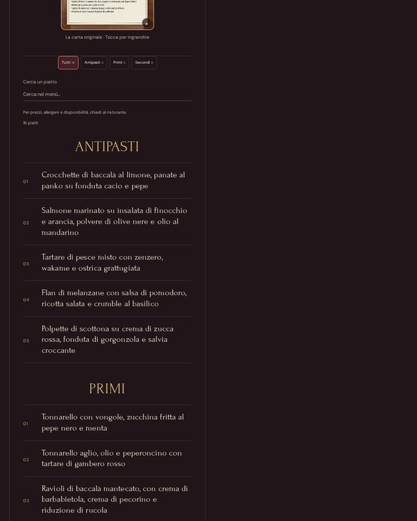 The top of the menu at Luci e Calici
