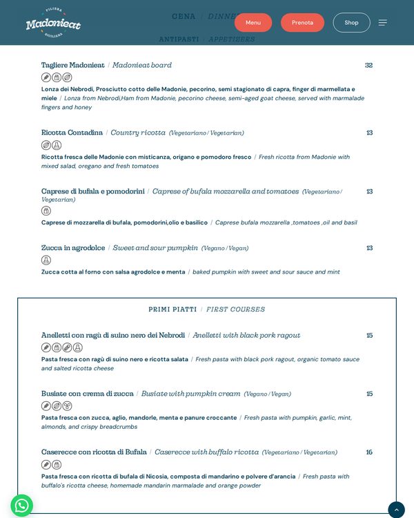 The top of the menu at MadoniEAT
