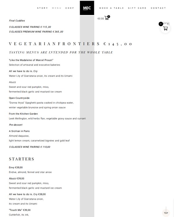 The top of the menu at MEC Restaurant