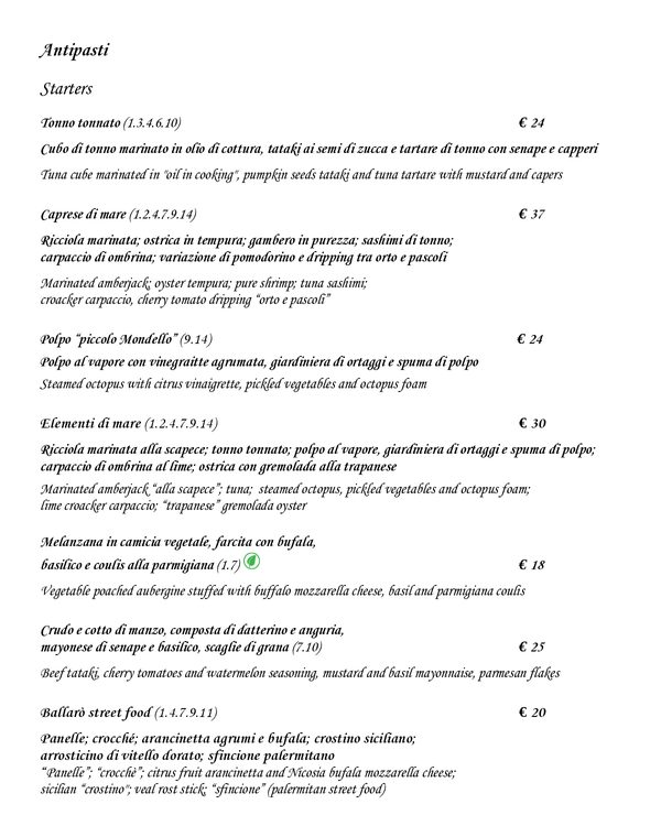 The first page of the menu at Osteria Ballaro
