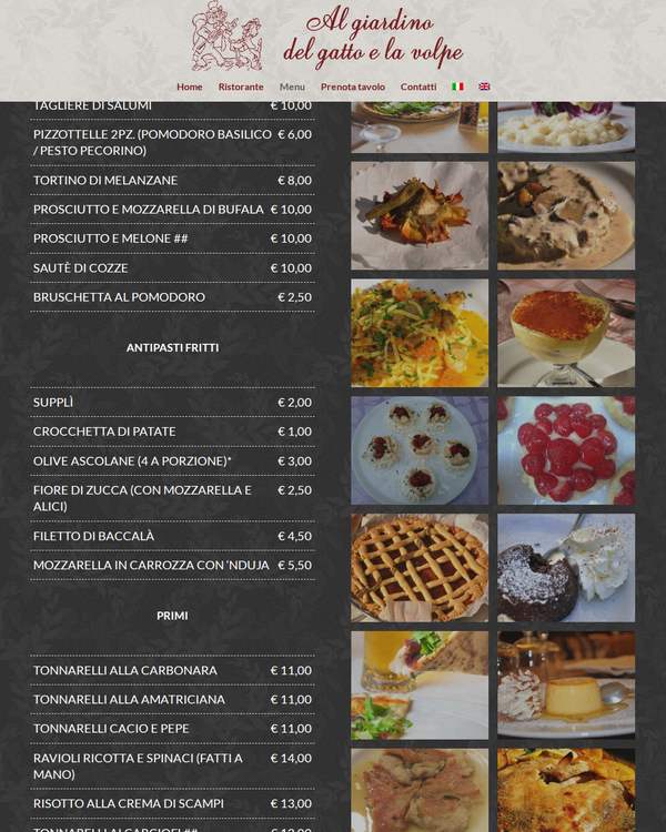 The top of the menu at Al Giardino Del Gatto E La Volpe