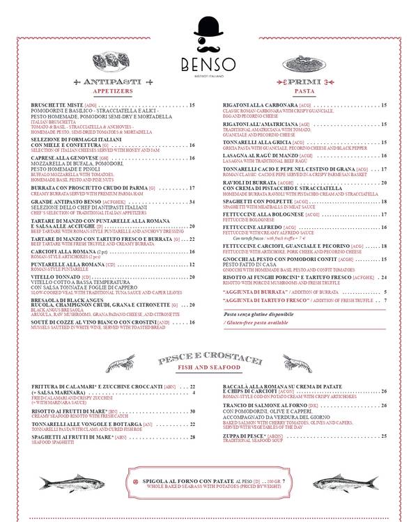 The first page of the menu at Benso 215