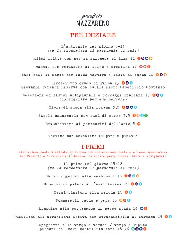 The first page of the menu at Panificio Nazzareno