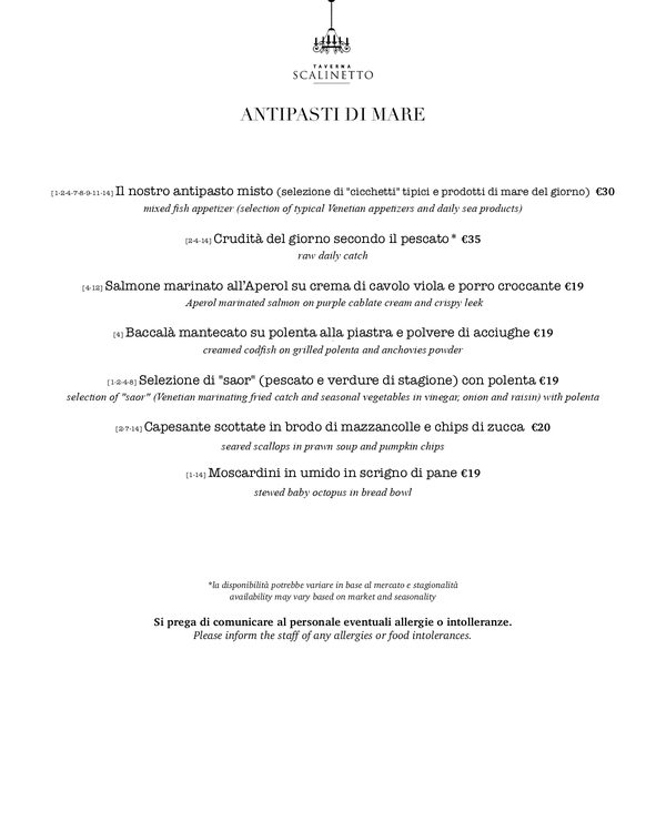 The first page of the menu at Taverna Scalinetto