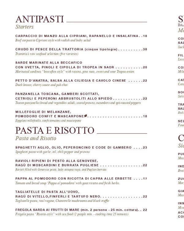 The first page of the menu at Trattoria I Masenini