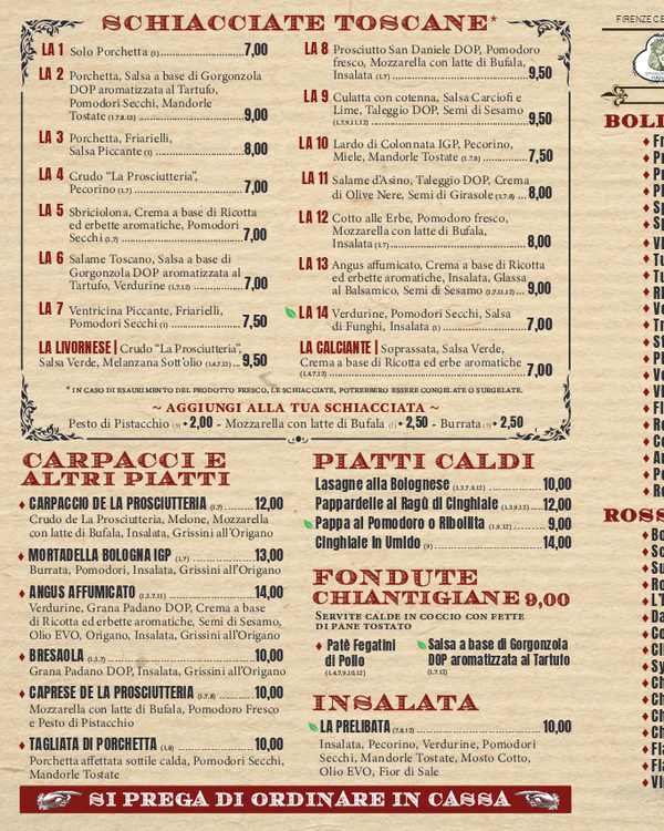 The first page of the menu at La Prosciutteria
