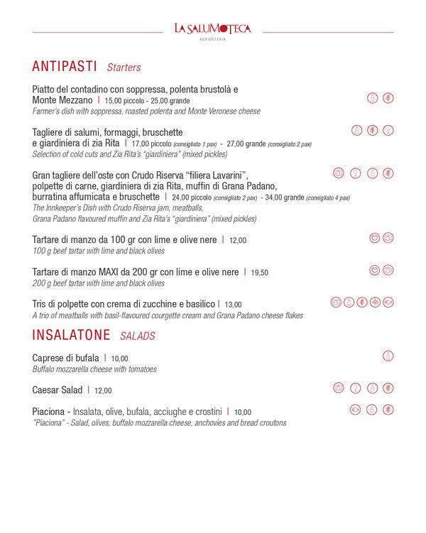 The first page of the menu at La Salumoteca - Agriosteria