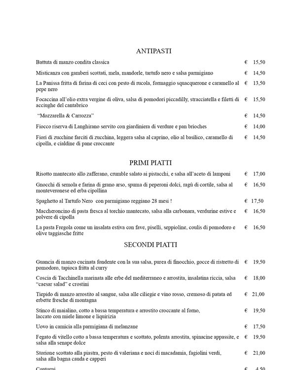 The first page of the menu at Locanda 4 Cuochi