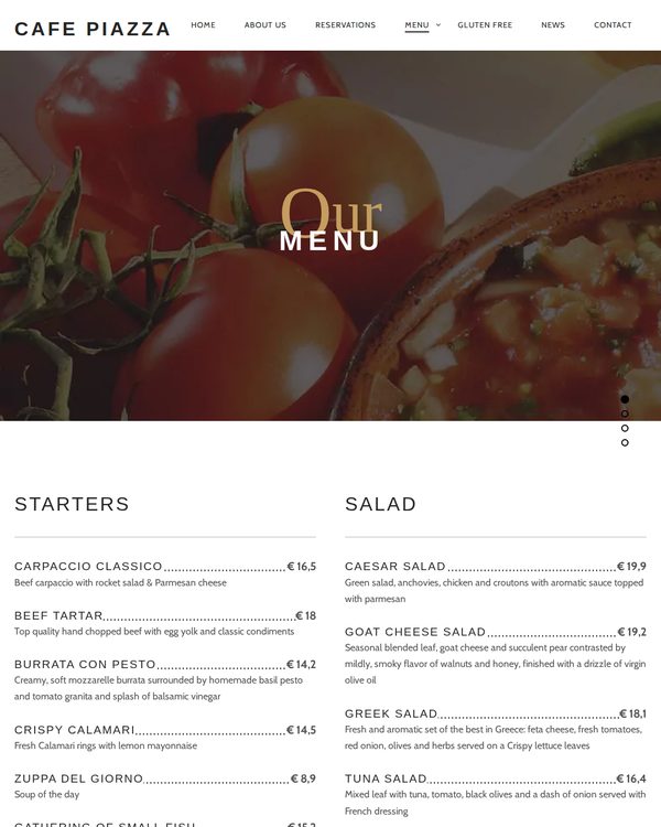 The top of the menu at Cafe Piazza