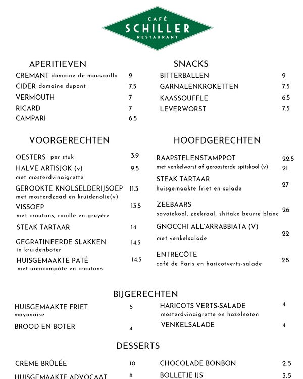 The first page of the menu at Café Schiller