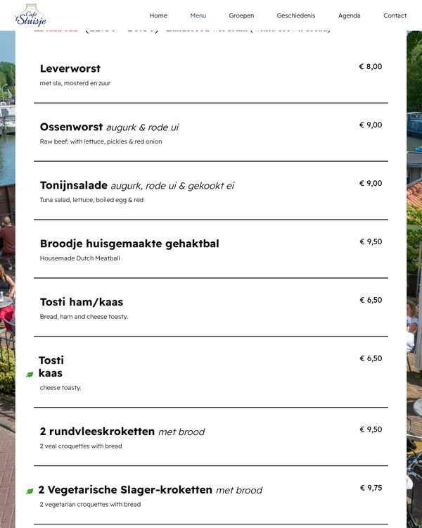 The top of the menu at Café 't Sluisje