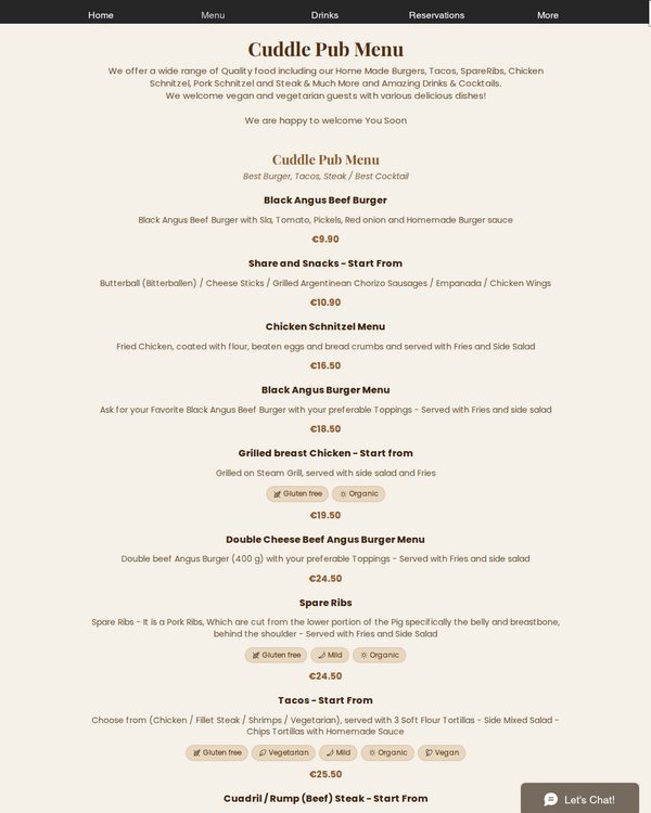 The top of the menu at Cuddle Pub
