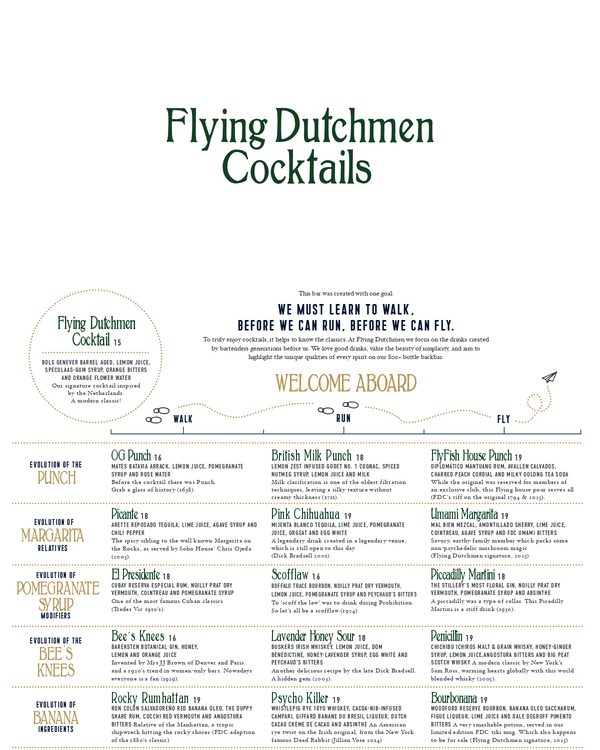 The first page of the menu at Flying Dutchmen Cocktails