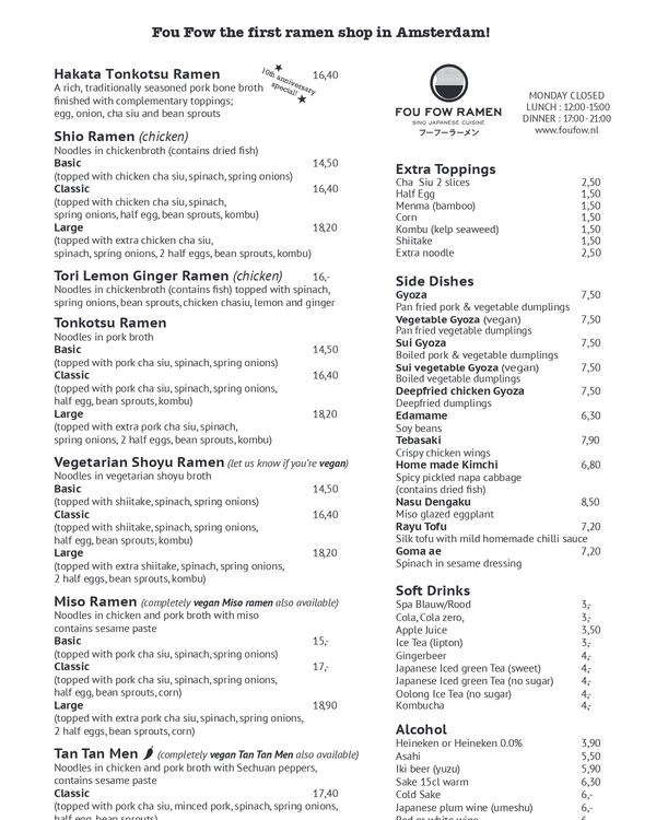 The first page of the menu at Fou Fow Ramen
