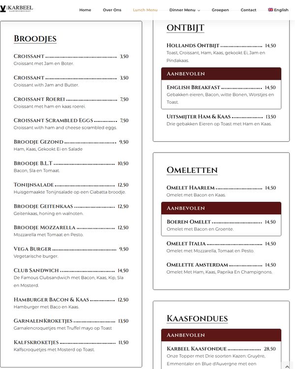 The top of the menu at Het Karbeel