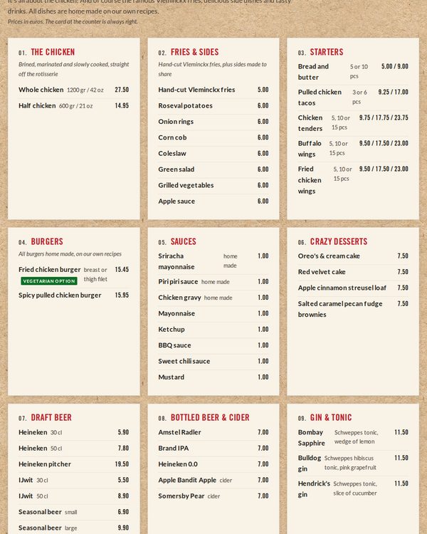 The top of the menu at The Chicken Bar